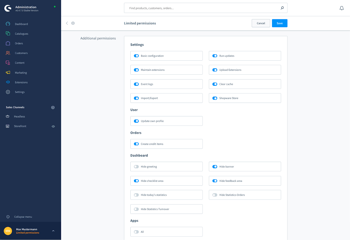 new area Dashboard in which you can hide the areas of the dashboard for the selected role